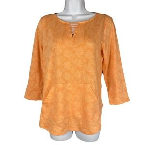 Ruby Rd‎ Pullover Top Women S Orange Tropical Burnout Caged Neck Kangaroo Pocket